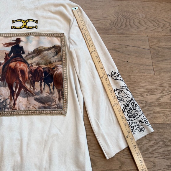Vocal Lesal Upcycled Western Faux Suede Fringe Cardigan Cowgirl Graphic XL Cream - Picture 4 of 9